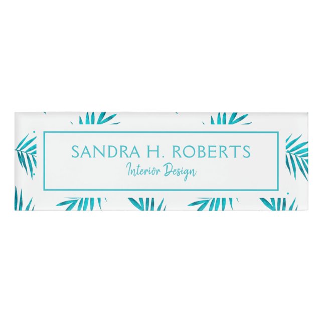 Blue-green watercolors palm leaves pattern name tag (Front)