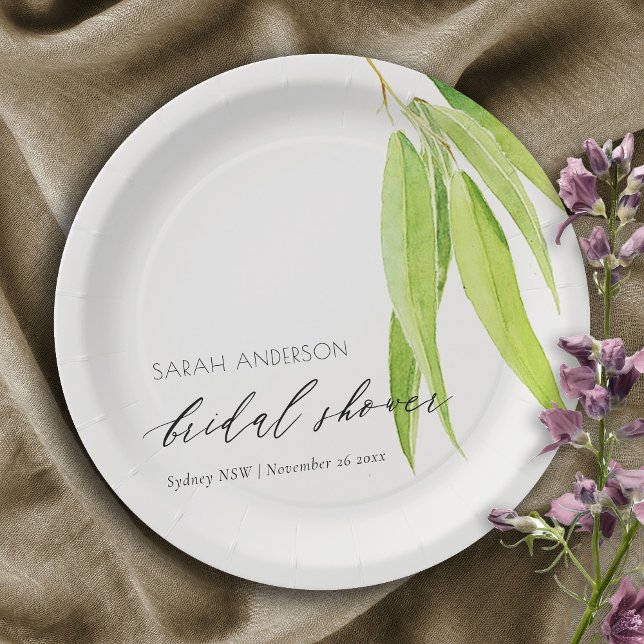 BLUE GREEN WATERCOLOUR FOLIAGE OLIVE BRIDAL SHOWER PAPER PLATE (Creator Uploaded)