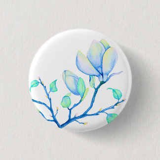 Blue Green Watercolour Magnolia Branch Botanical 3 Cm Round Badge