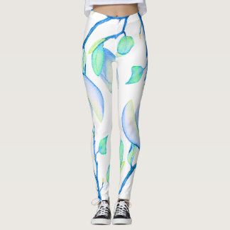 Blue Green Watercolour Magnolia Branch Botanical Leggings