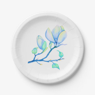 Blue Green Watercolour Magnolia Branch Botanical Paper Plate