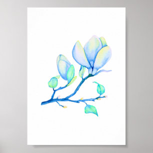 Blue Green Watercolour Magnolia Branch Botanical Poster