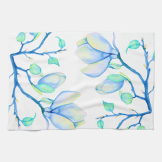 Blue Green Watercolour Magnolia Branch Botanical Tea Towel
