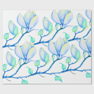 Blue Green Watercolour Magnolia Branch Botanical Wrapping Paper