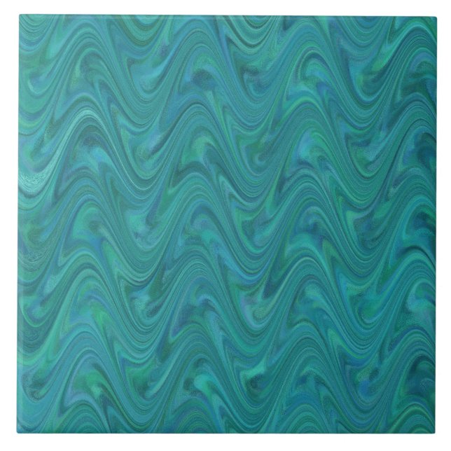 Blue Green Wavy Abstract Pattern Ceramic Tile (Front)