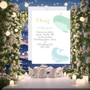 Blue Green Whale 1st Birthday Party Invitation