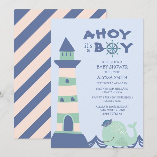 Blue Green Whale Lighthouse Ahoy Boy Baby Shower Invitation (Front/Back)