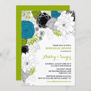 Blue & Green Whimsical Florals Rehearsal Dinner Invitation
