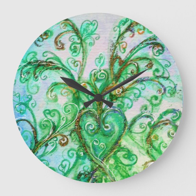 BLUE GREEN WHIMSICAL FLOURISHES WITH HEART LARGE CLOCK (Front)