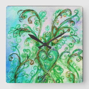 BLUE GREEN WHIMSICAL FLOURISHES WITH HEART SQUARE WALL CLOCK
