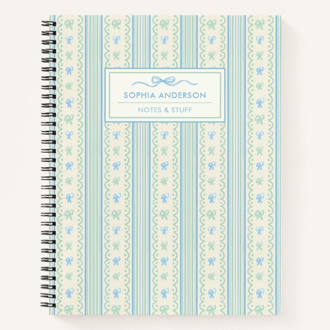  Blue & Green Whimsical Hand Drawn Bows Custom  Notebook (Front)