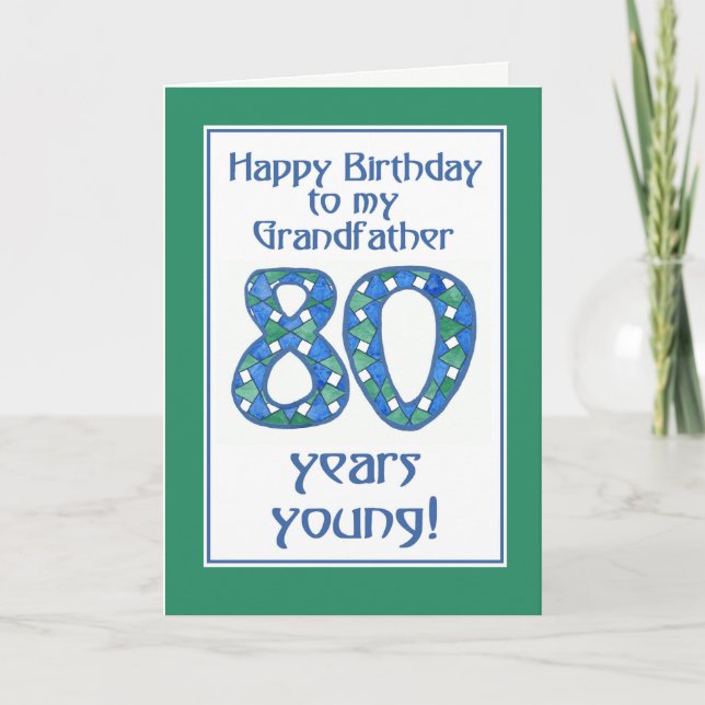 Blue, Green, White 80th Birthday Grandfather Card (Front)