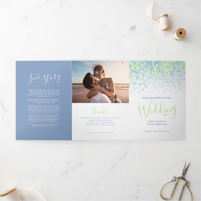 Blue, green, white abstract art wedding ceremony Tri-Fold programme (Outside)