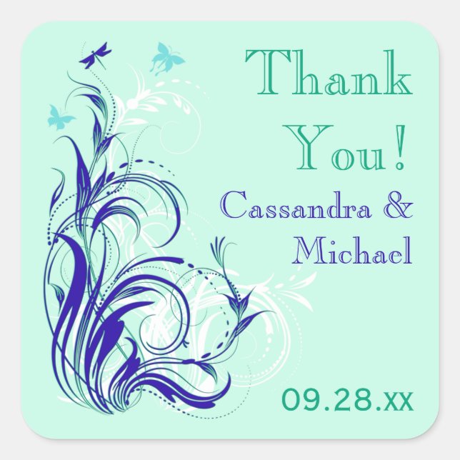 Blue Green White Aqua Floral 1.5" Wedding Sticker (Front)