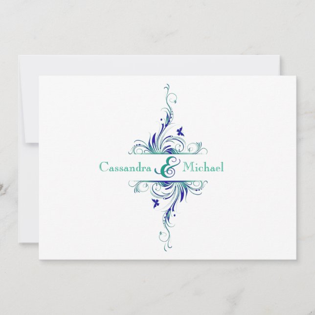Blue Green White Aqua Floral Wedding Invitation 2 (Front)