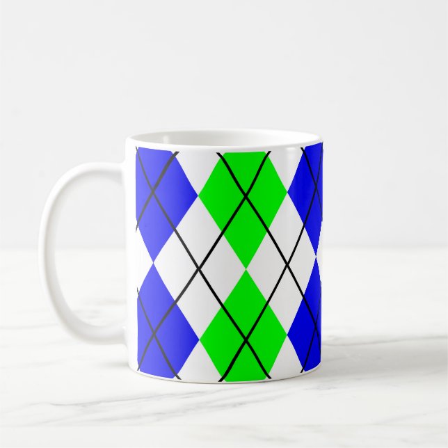 Blue Green White Argyle Diamond Design  Coffee Mug (Left)