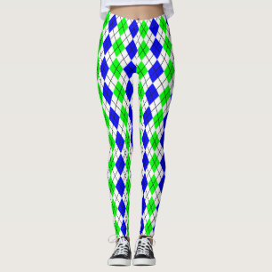 Blue Green White Argyle Diamond Design  Leggings