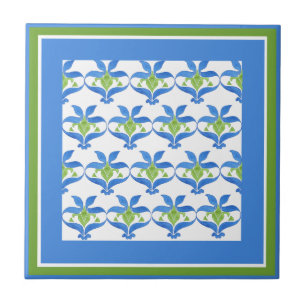 Blue, Green  White Art Nouveau Pattern Tile