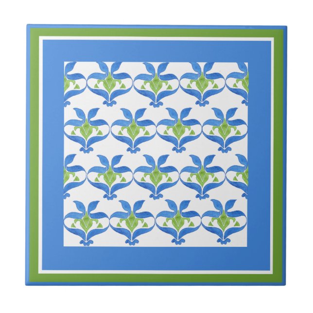 Blue, Green  White Art Nouveau Pattern Tile (Front)