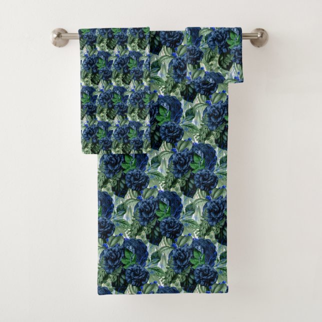 BLUE GREEN WHITE FLORAL BATHROOM TOWEL SET (Insitu)