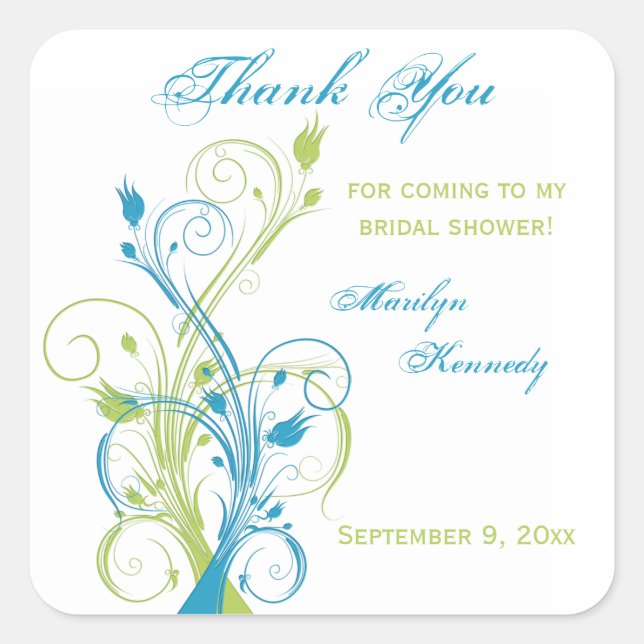 Blue Green White Floral Bridal Shower Sticker (Front)