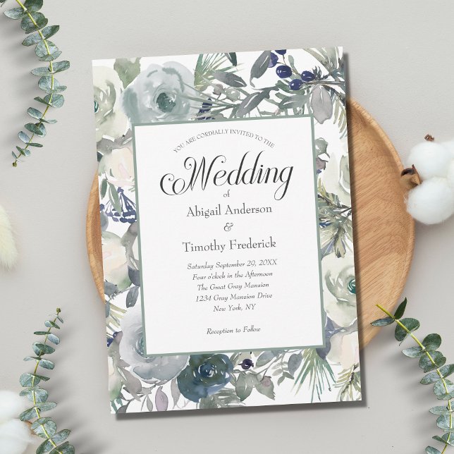 Blue Green White Floral Elegant Formal Wedding  Invitation (Creator Uploaded)