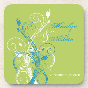 Blue Green White Floral Wedding Coaster Set (6)