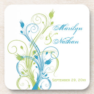 Blue Green White Floral Wedding Coaster Set (6)