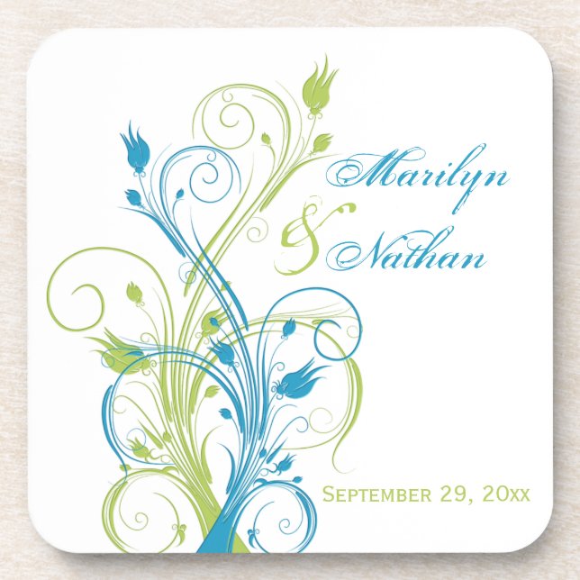 Blue Green White Floral Wedding Coaster Set (6) (Front)