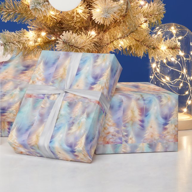 Blue Green White Gold Trees Modern Christmas Wrapping Paper (Holidays)