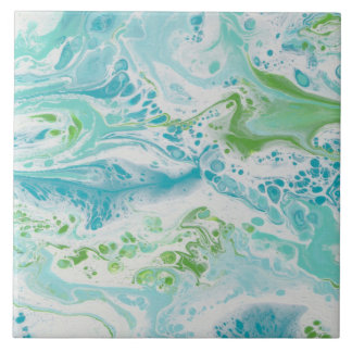 blue green & white ocean inspired swirl painting ceramic tile