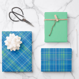 Blue, Green & White Plaid Wrapping Paper Sheet