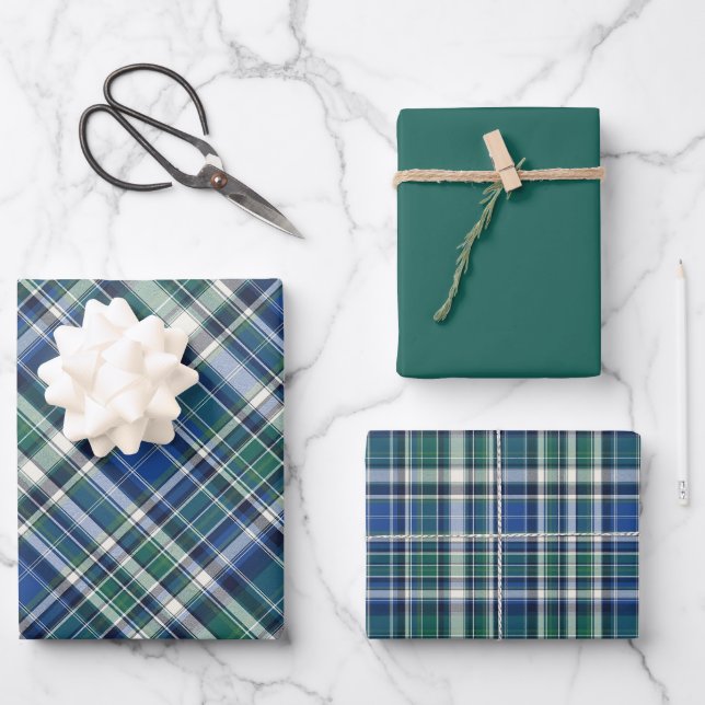 Blue, Green & White Plaid Wrapping Paper Sheet (Front)