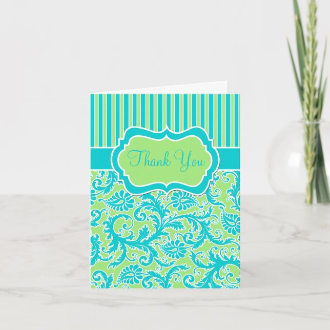 Blue Green White Stripe Damask Thank You Card (Front)