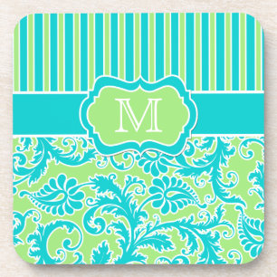 Blue, Green, White Striped Damask Coaster Set (6)
