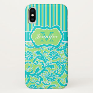 Blue, Green, White Striped Damask iPhone X Case