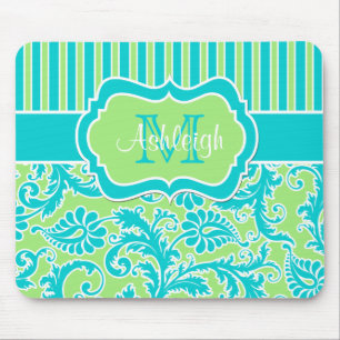 Blue Green White Striped Damask Monogram Mousepad