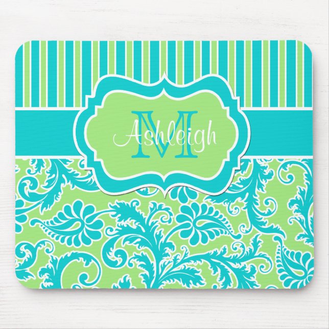 Blue Green White Striped Damask Monogram Mousepad (Front)