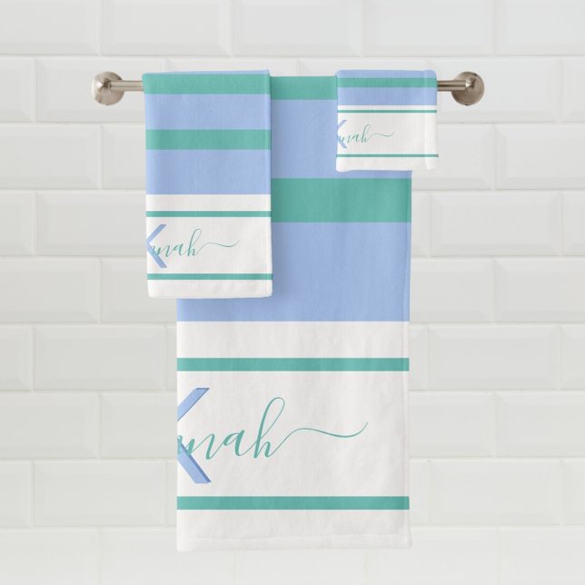 Blue green white stripes monogram bath towel set (Creator Uploaded)