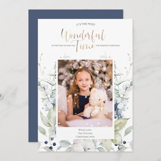 Blue Green White Winter Floral Photo Christmas Invitation (Front/Back)