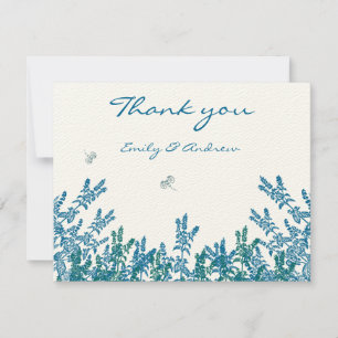 Blue Green Wild Flower Bee Wedding RSVP Thank You Card