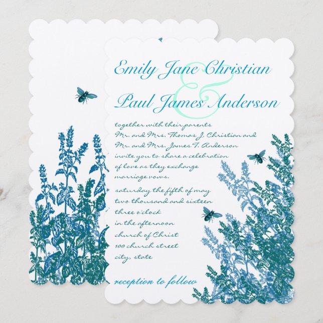 Blue Green Wild Flowers Bees Wedding Invitation #2 (Front/Back)