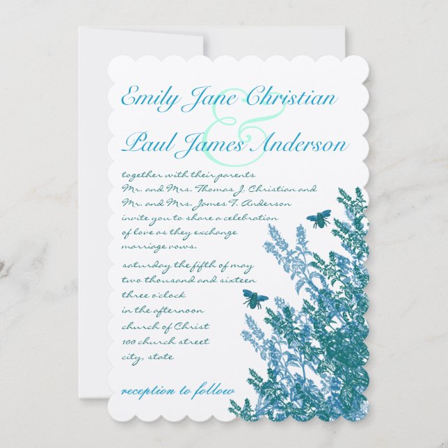 Blue Green Wildflower Bees Wedding Invitation (Front)