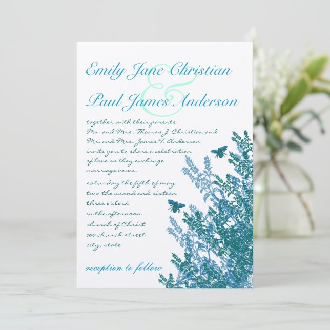 Blue Green Wildflower Bees Wedding Invitation (Standing Front)
