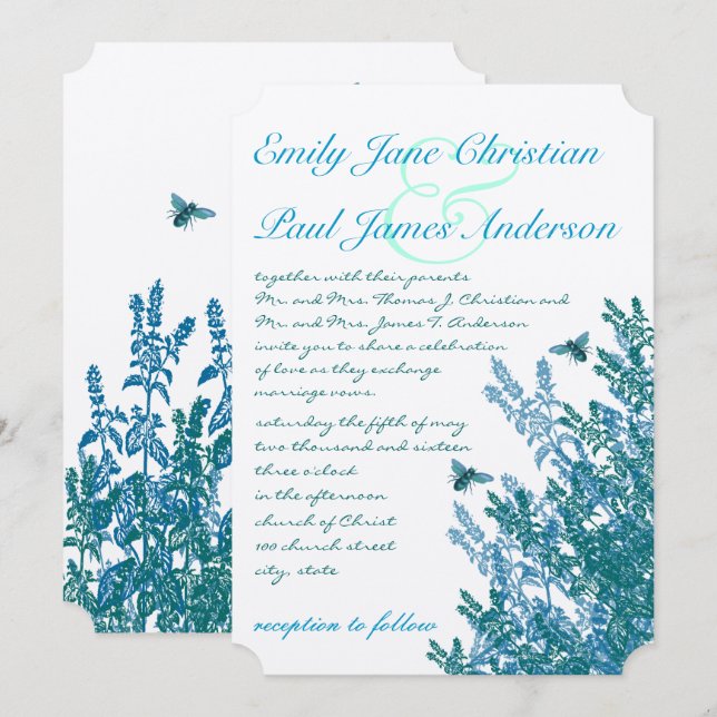 Blue Green Wildflower Bumble Bee  Wedding Invites (Front/Back)