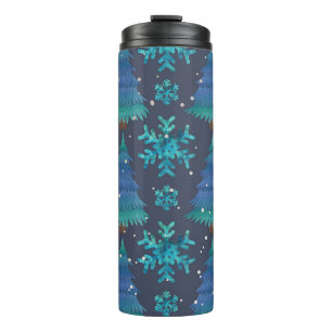 BLUE & GREEN WINTER TREES & WINTER SNOWFLAKES THERMAL TUMBLER
