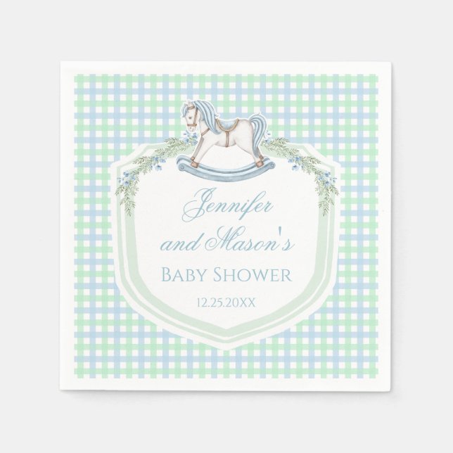 Blue green wooden horse gingham baby boy shower napkin (Front)