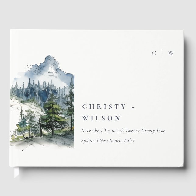 Blue Green Woods Mountain Landscape Sketch Wedding Guest Book (Front)
