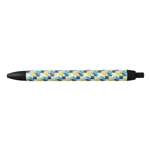 Blue Green Yellow Abstract Geometric Pattern Black Ink Pen (Front)