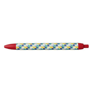 Blue Green Yellow Abstract Geometric Pattern Black Ink Pen